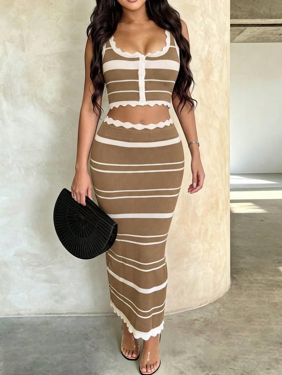 SHEIN DZIANINOWY KOMPLET W PASKI TOP SPÓDNICA S06__S