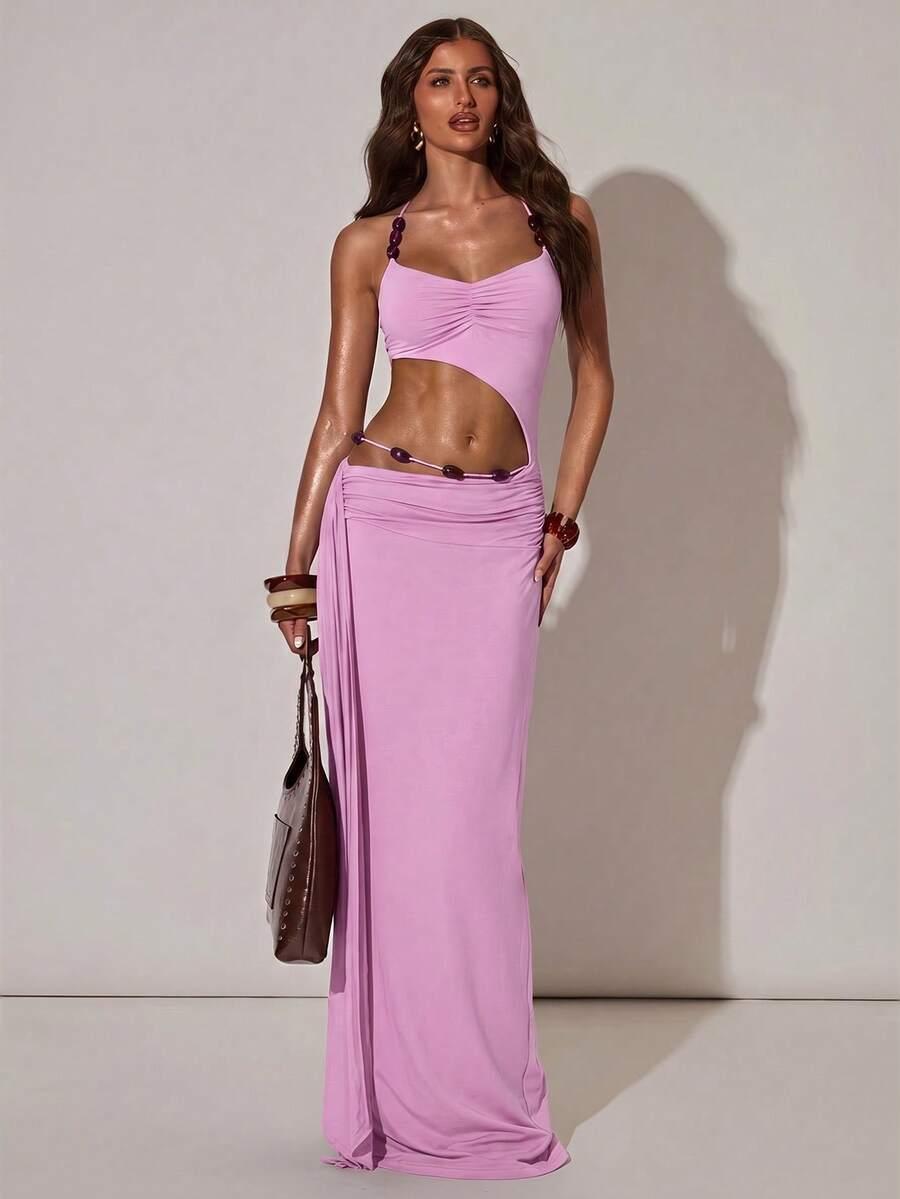 SHEIN RÓŻOWA MAXI SUKIENKA WYCIĘCIA S06__L