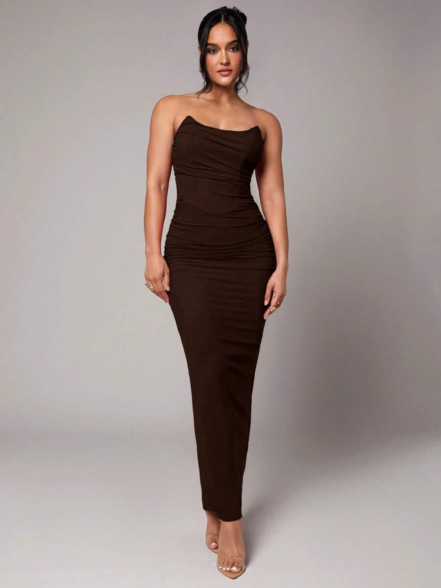 SILQUEE BRĄZOWA SUKIENKA BEZ RĘKAWÓW S06__S