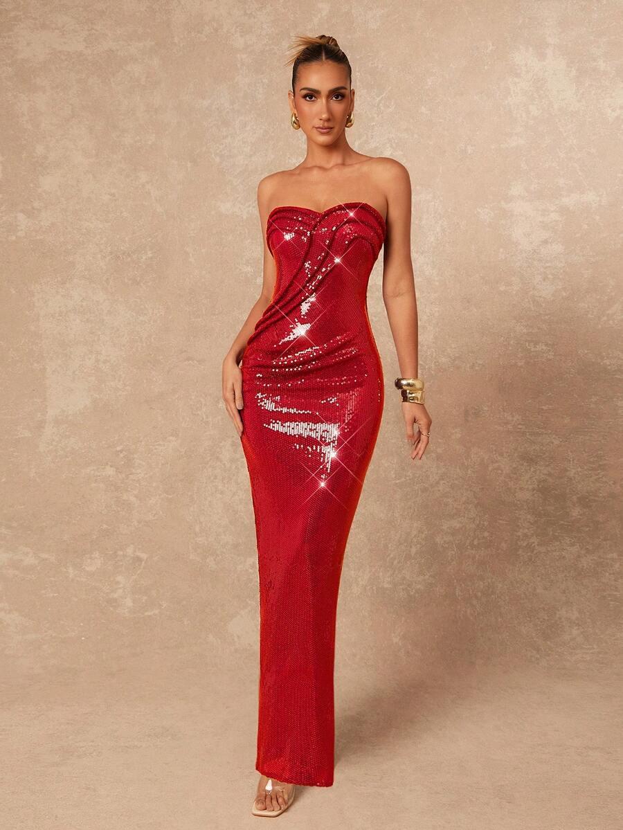 LUMALEX CZERWONA MAXI SUKIENKA CEKINY S06__XS