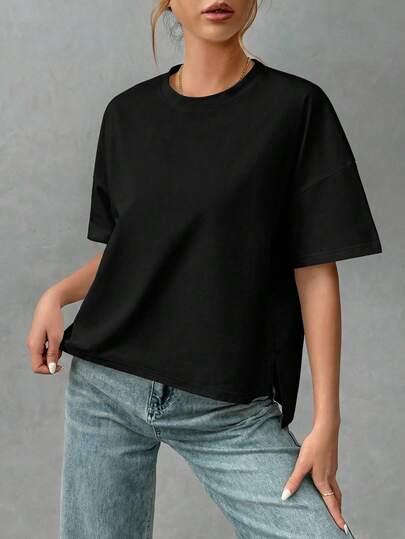 SHEIN KLASYCZNY CZARNY T-SHIRT OKRĄGŁY DEKOLT PK01__M