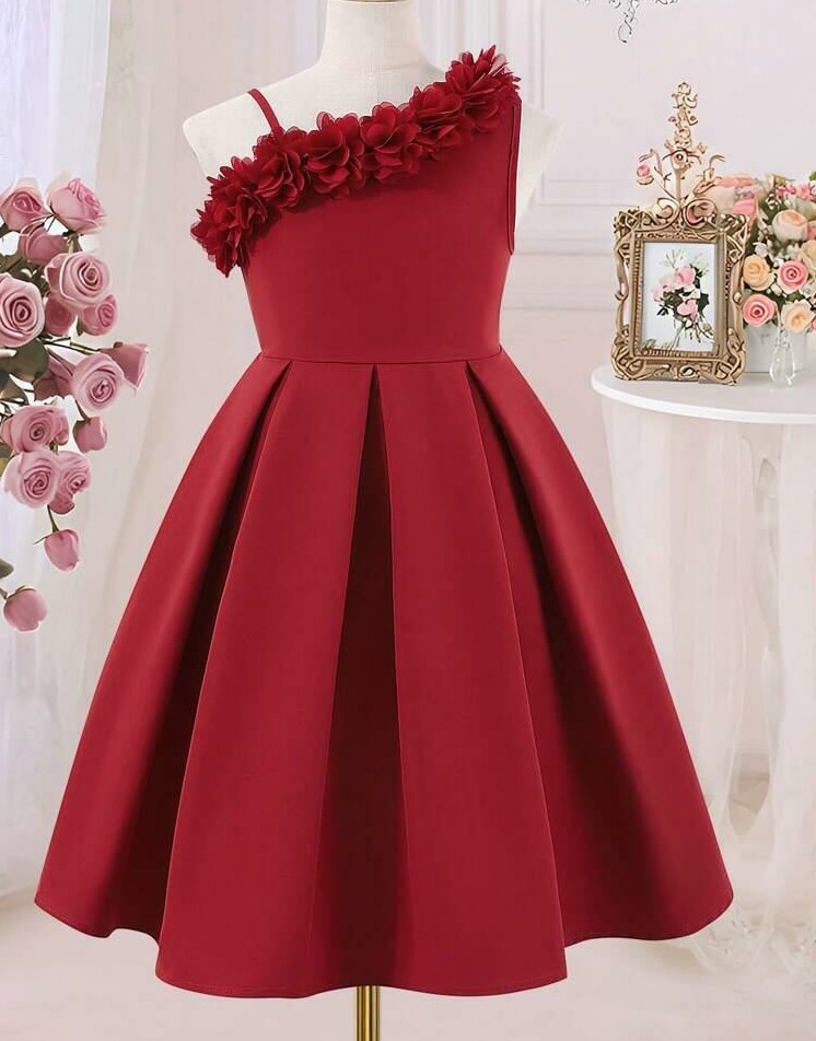 SHEIN CZERWONA SUKIENKA BEZ RĘKAWÓW ZDOBIENIE KWIATKI S06__134/140