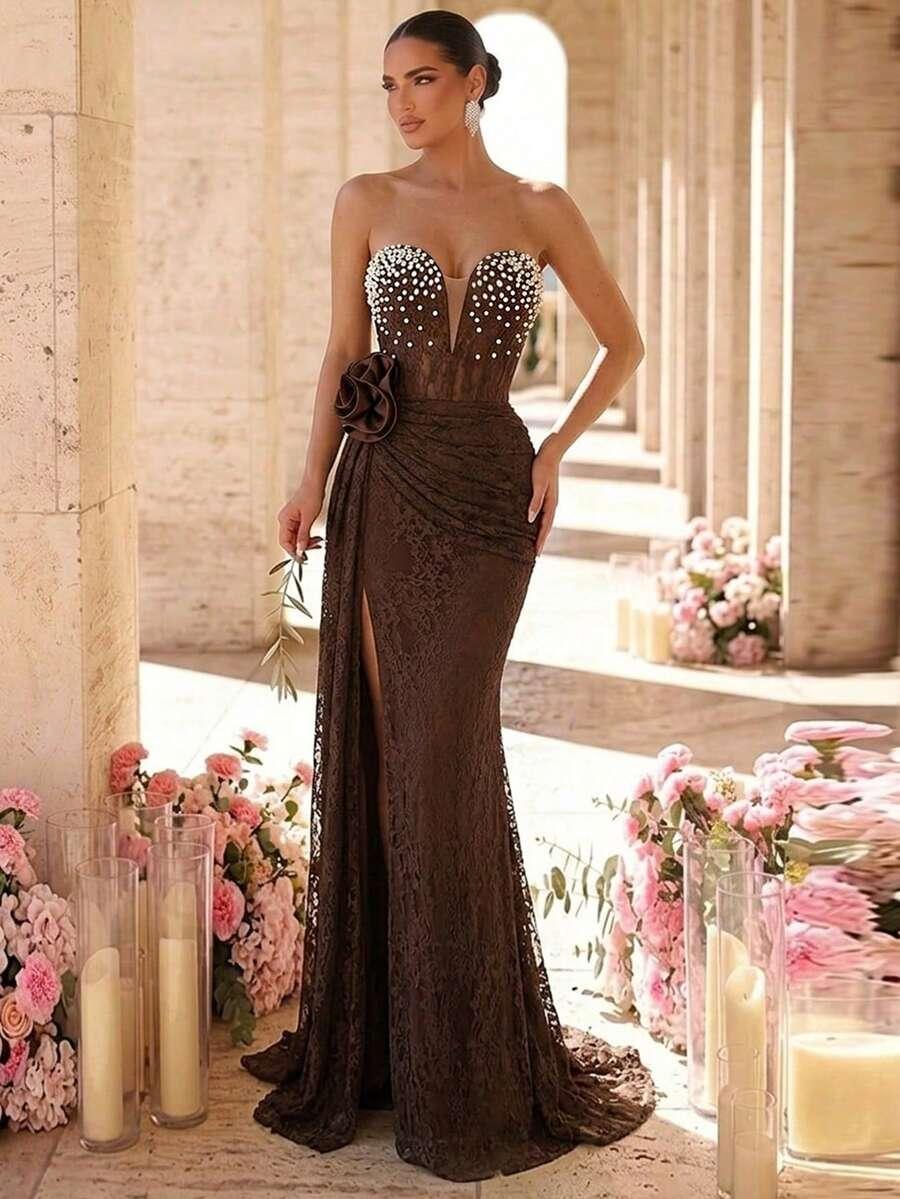 GLAMRAE BRĄZOWA MAXI SUKIENKA ODKRYTE RAMIONA S06__M