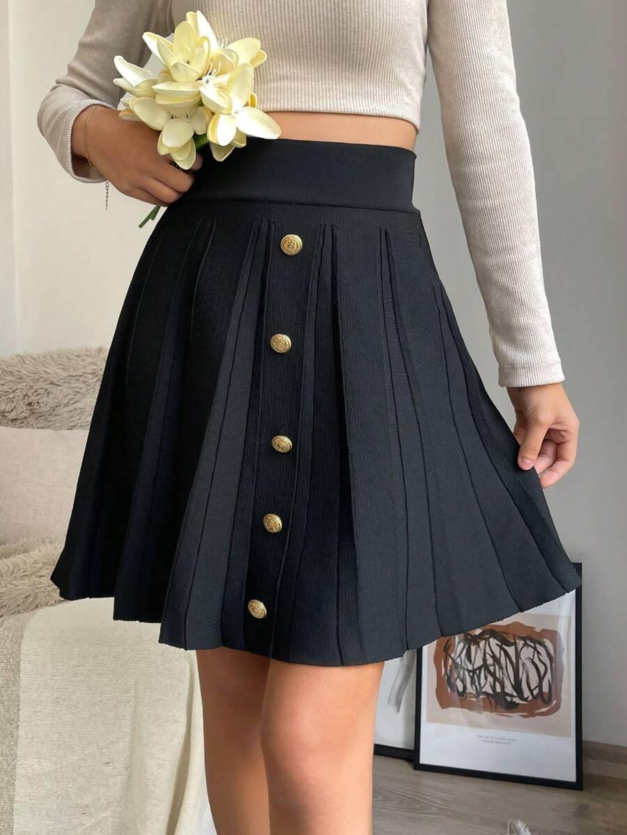 SHEIN CZARNA PLISOWANA SPÓDNICA GUZIKI S09__M