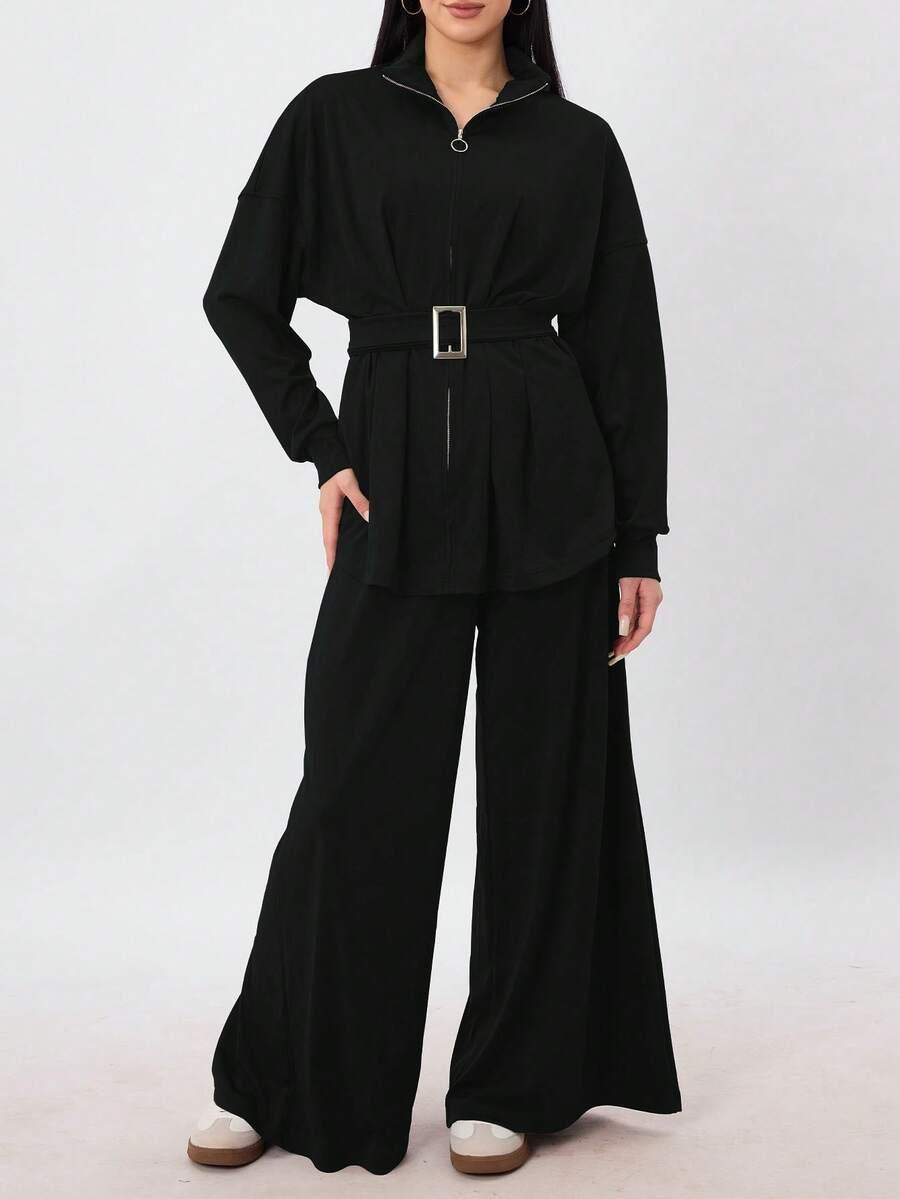 SHEIN CZARNY DWUCZĘŚCIOWY KOMPLET SPODNIE BLUZKA S09__L