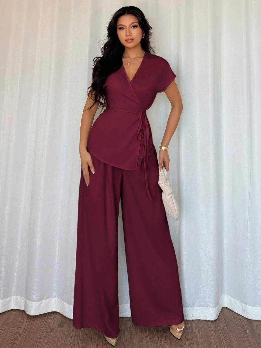 SHEIN CZERWONY KOMPLET BLUZKA SPODNIE S06__L