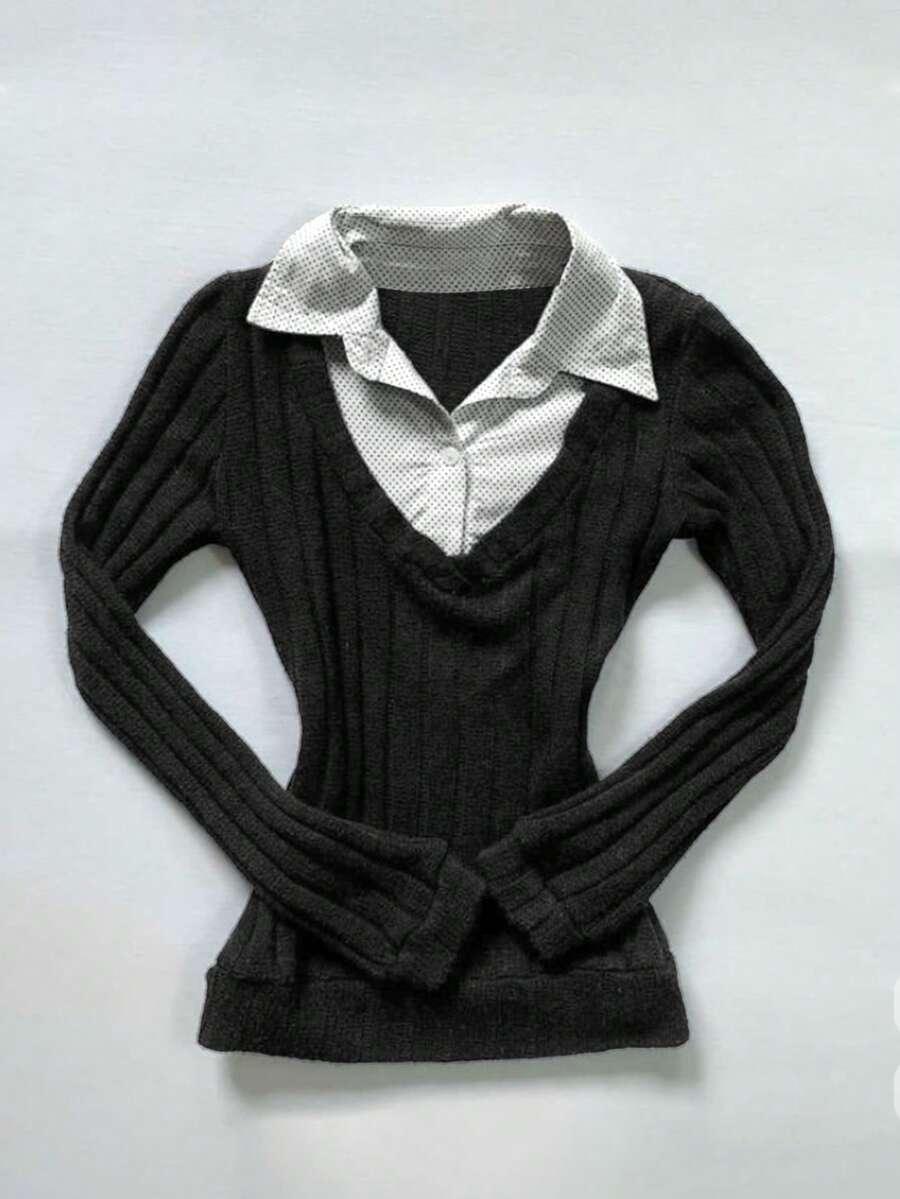 SHEIN CZARNA BLUZKA KOŁNIERZYK S06__M