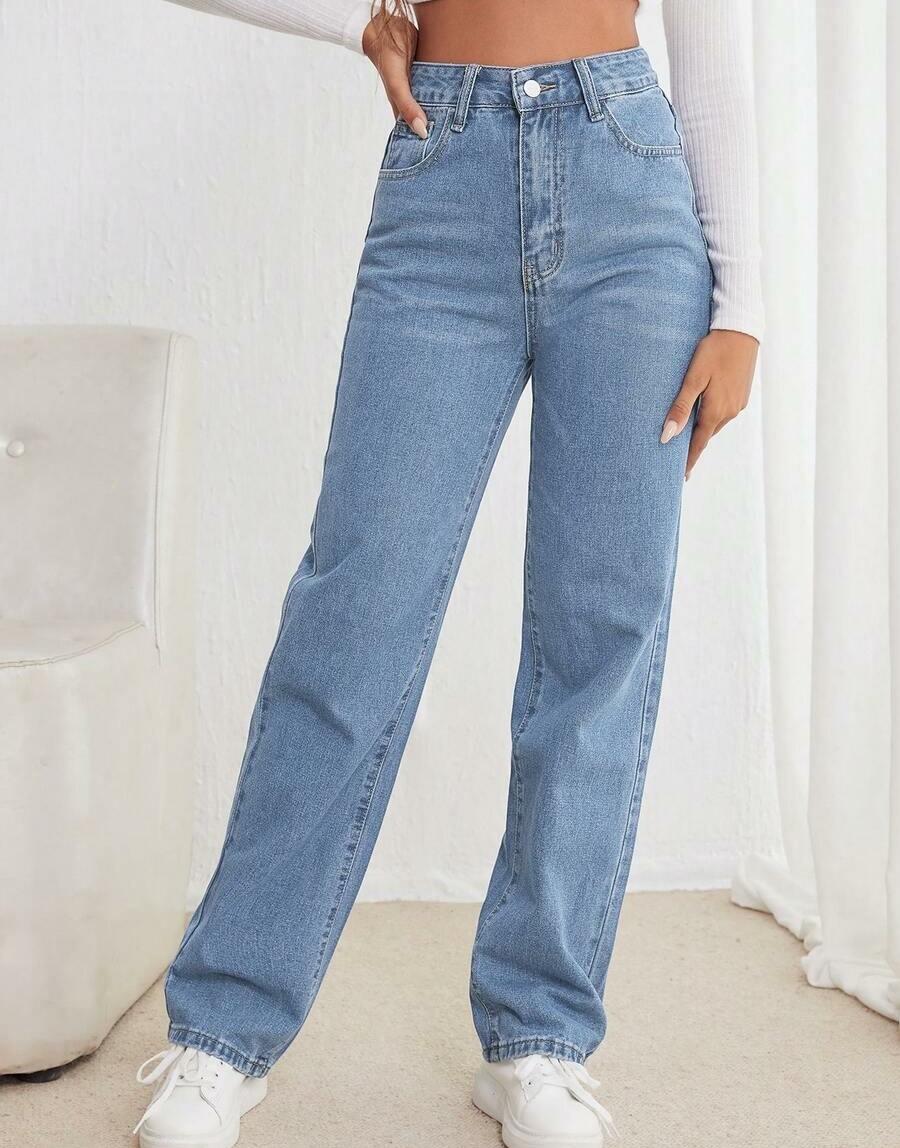 SHEIN NIEBIESKIE PROSTE SPODNIE Z WYSOKIM STANEM PK01__M