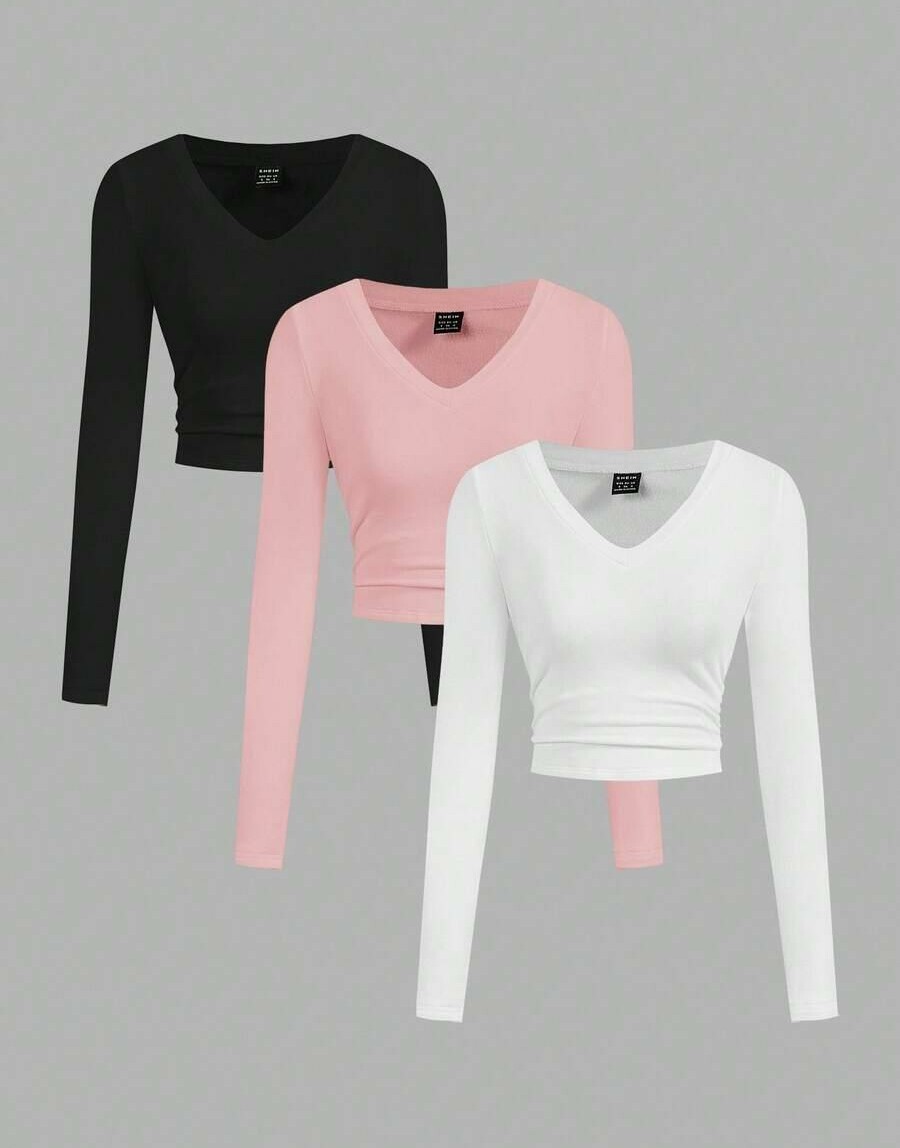 SHEIN OCIEPLANA BLUZKA V NECK MARSZCZENIE PK01__L