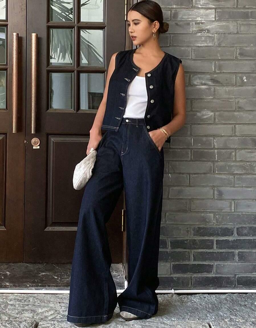 SHEIN JEANSOWY KOMPLET KAMIZELKA SPODNIE S06__L