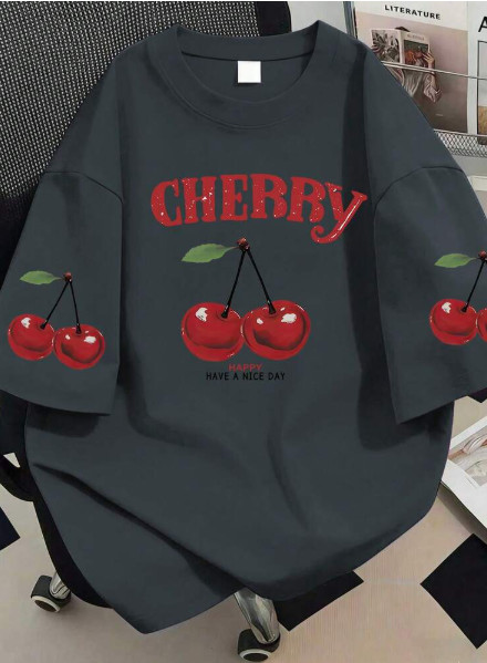 SHEIN SZARY T-SHIRT OKRĄGŁY DEKOLT NADRUK WIŚNIE PK01__XXL
