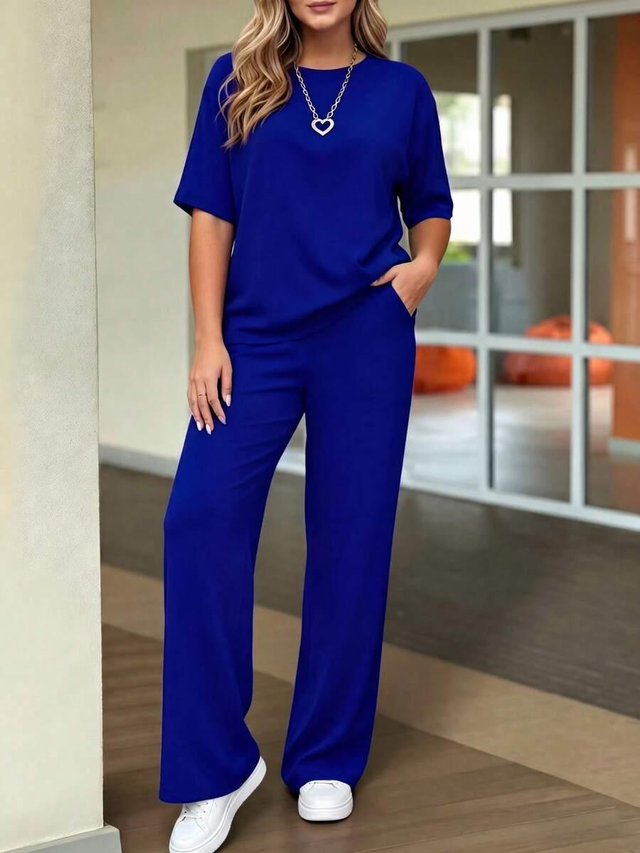 SHEIN NIEBIESKI KOMPLET BLUZKA SPODNIE S06__M