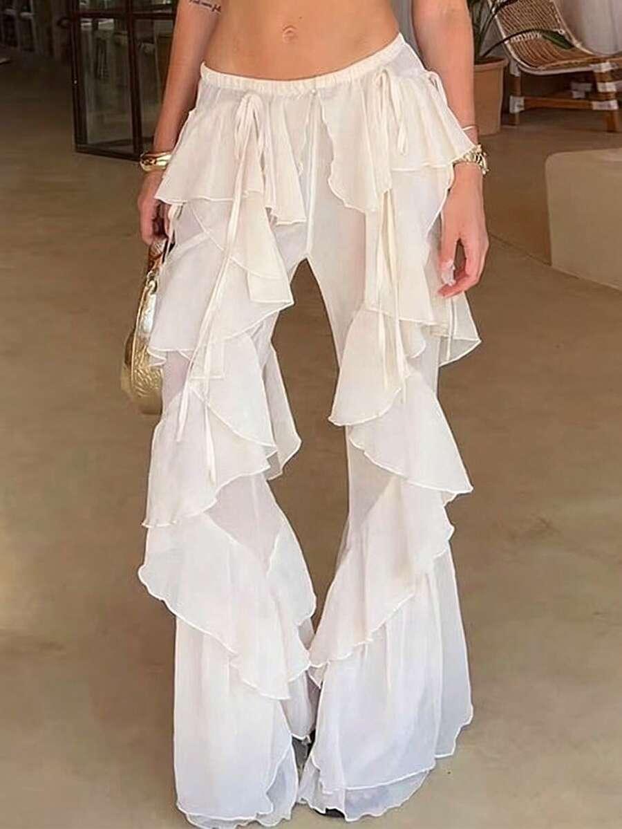 SHEIN BEŻOWE SPODNIE FALBANY PK01__S
