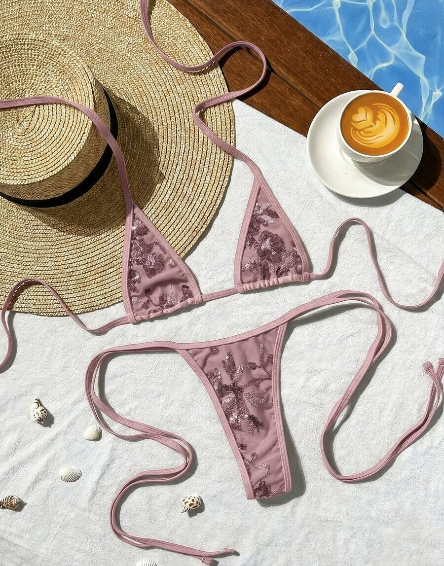 SWIM VCAY RÓŻOWY KOMPLET BIKINI STRINGI CEKINY S09__S