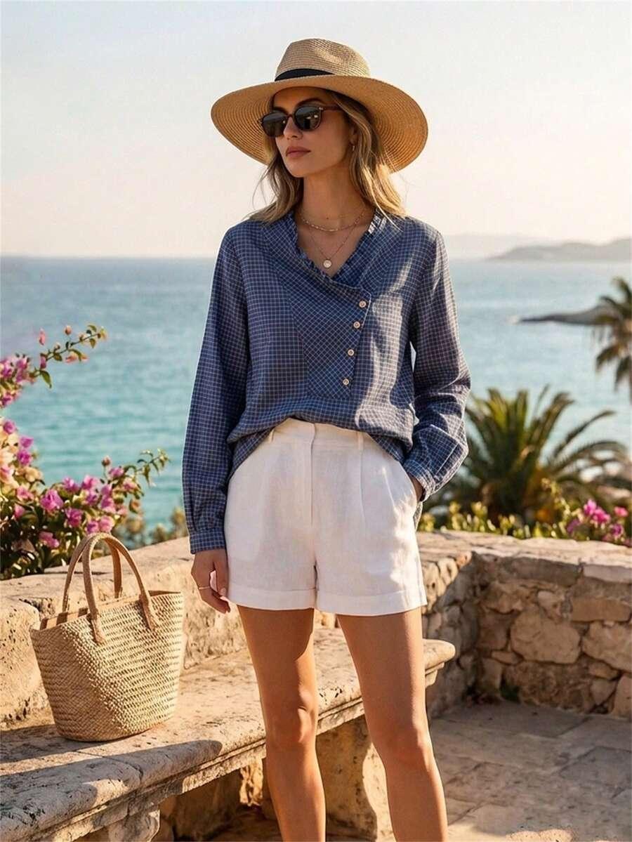 SHEIN BLUZKA WZÓR KRATKA GUZIKI S06__M