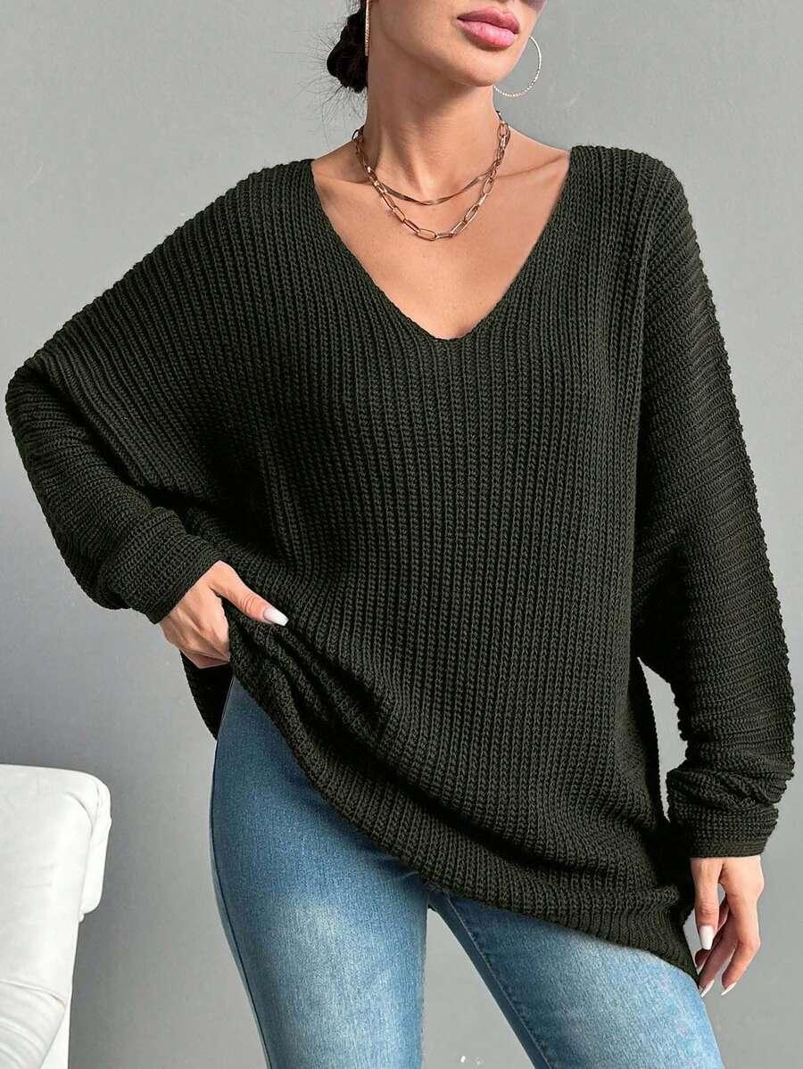 SHEIN ZIELONY SWETER V-NECK S06__OS