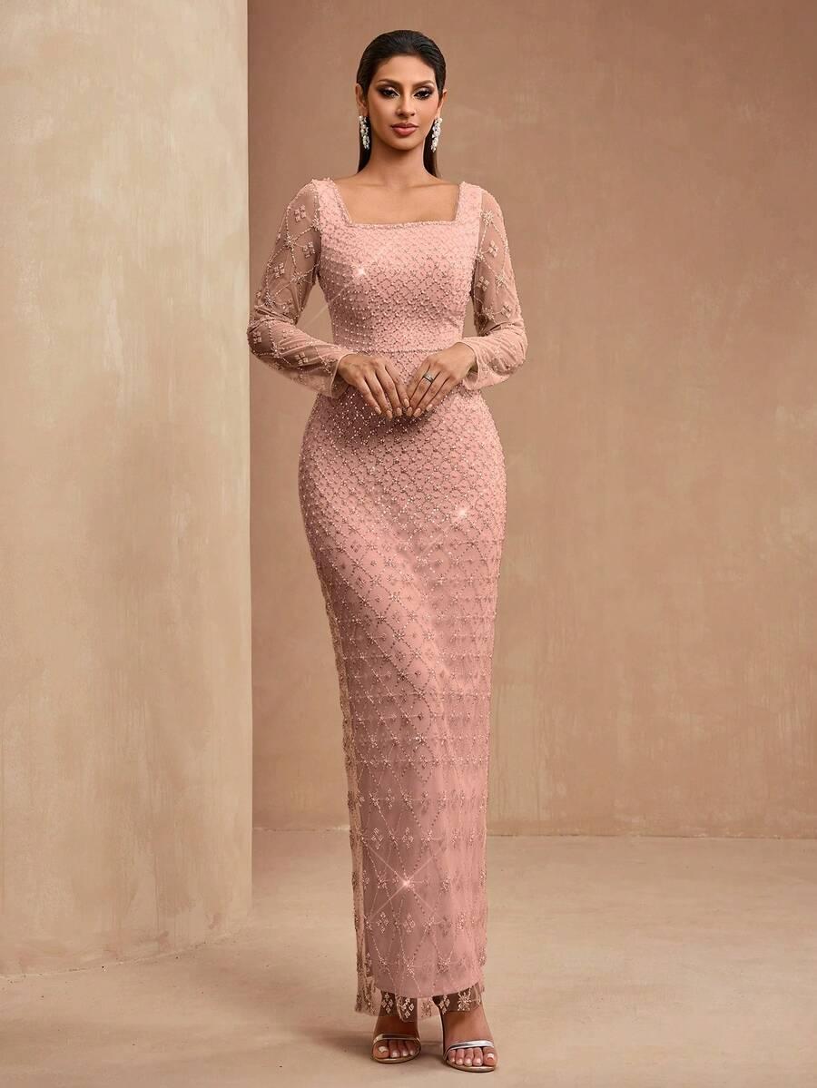 SHEIN RÓŻOWA MAXI SUKIENKA ZDOBIENIE S06__L