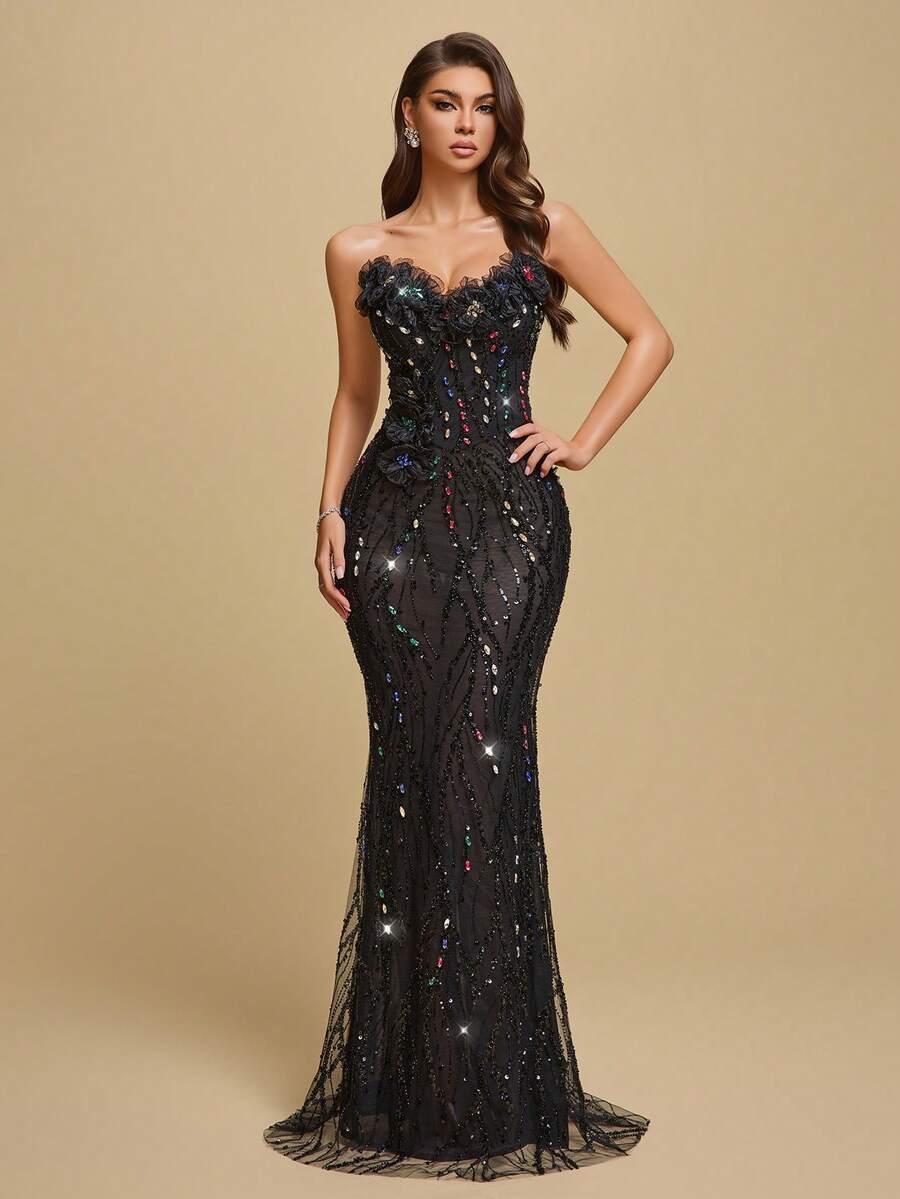 SHEIN CZARNA MAXI SUKIENKA ZDOBIENIA KWIATY S06__L
