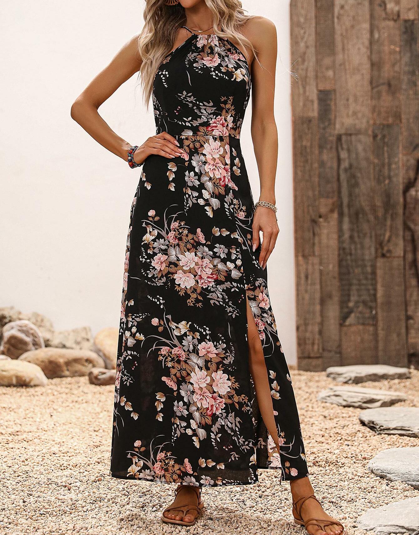 SHEIN CZARNA MAXI SUKIENKA KWIATY S06__S