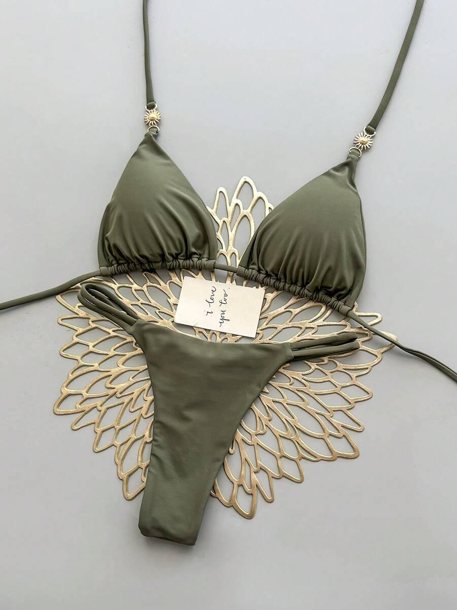 SHEIN ZIELONY DWUCZĘŚCIOWY STRÓJ KĄPIELOWY ZDOBIENIE S09__S