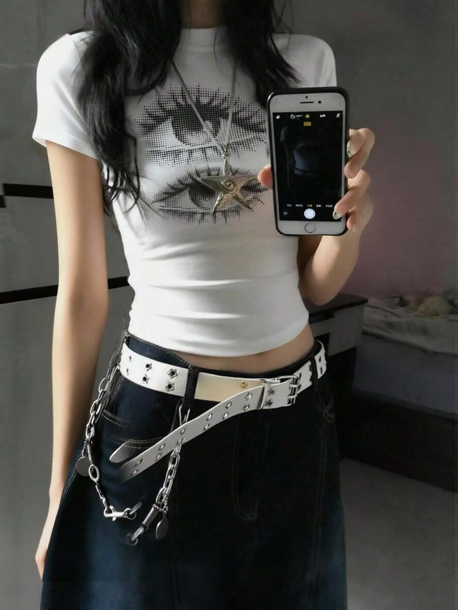 SHEIN BIAŁY TOP KRÓTKI RĘKAW NADRUK OCZY PK01__M