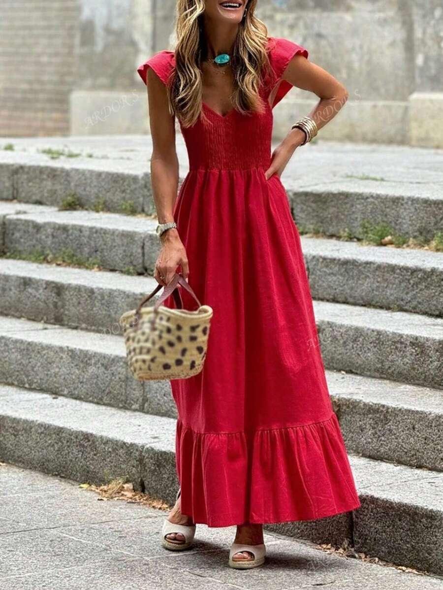 SHEIN CZERWONA MAXI SUKIENKA MARSZCZENIA S06__S