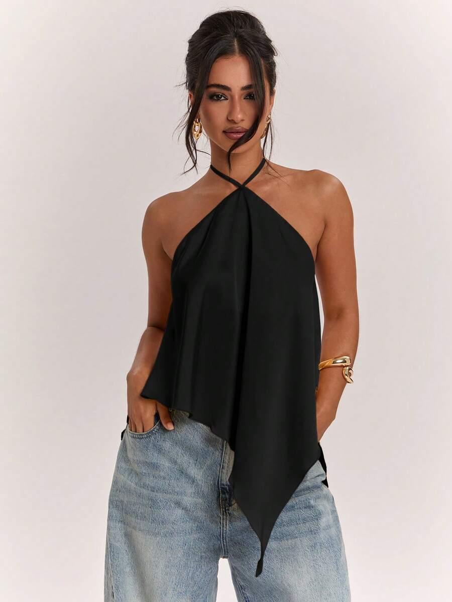 SHEIN CZARNY TOP ODKRYTE PLECY WIĄZANIE S06__M