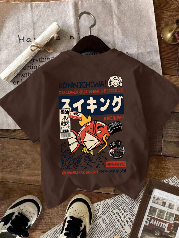 SHEIN KLASYCZNY BRĄZOWY T-SHIRT Z OKRĄGŁYM DEKOLTEM NADRUK S06__M