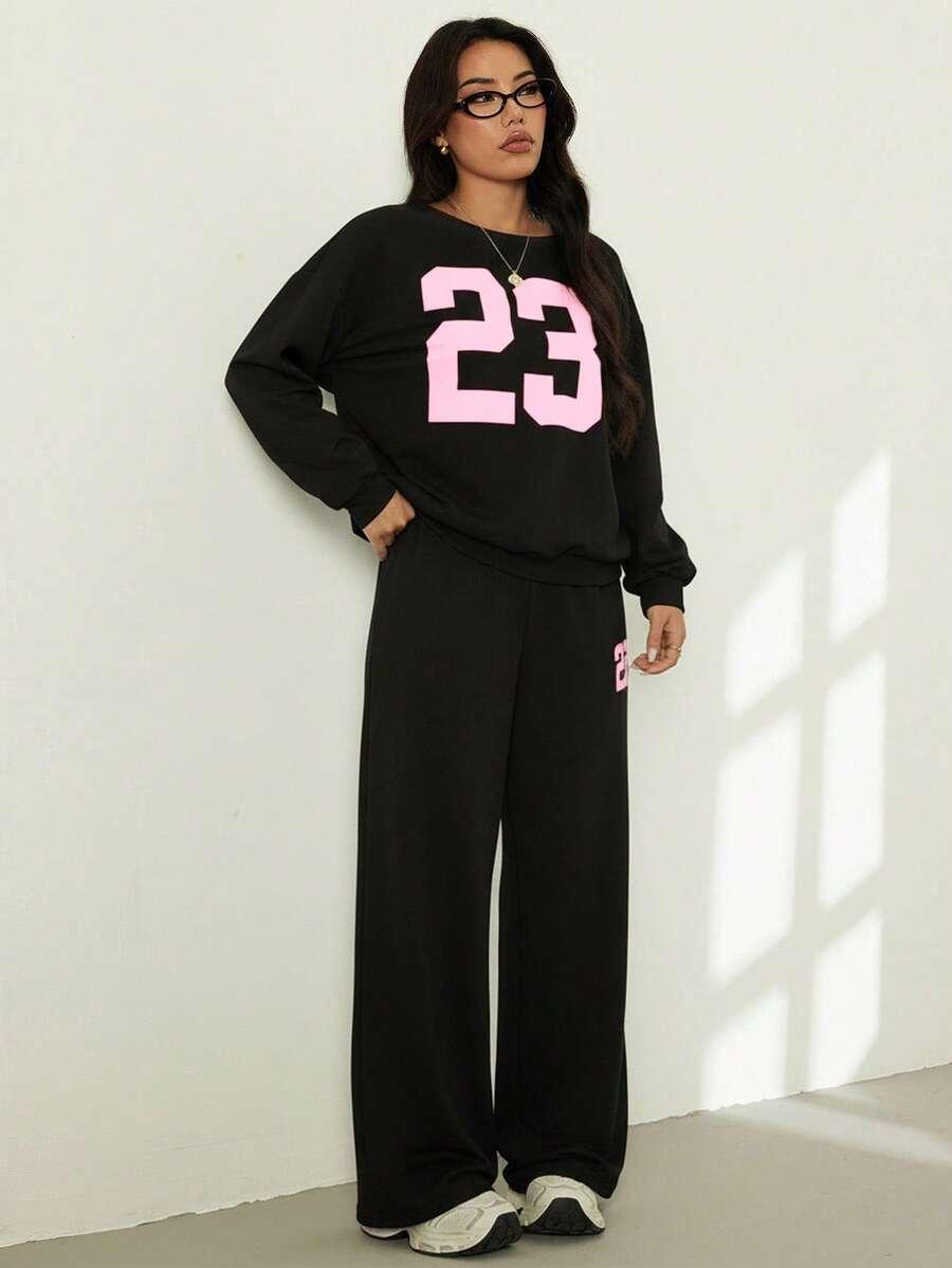 SHEIN CZARNE SPODNIE BLUZKA KOMPLET PRINT