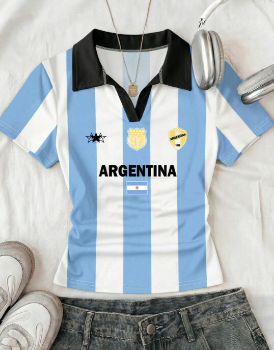 SHEIN TOP KOŁNIERZYK KONTRAST MARSZCZENIA ARGENTINA TEAM PK01__S