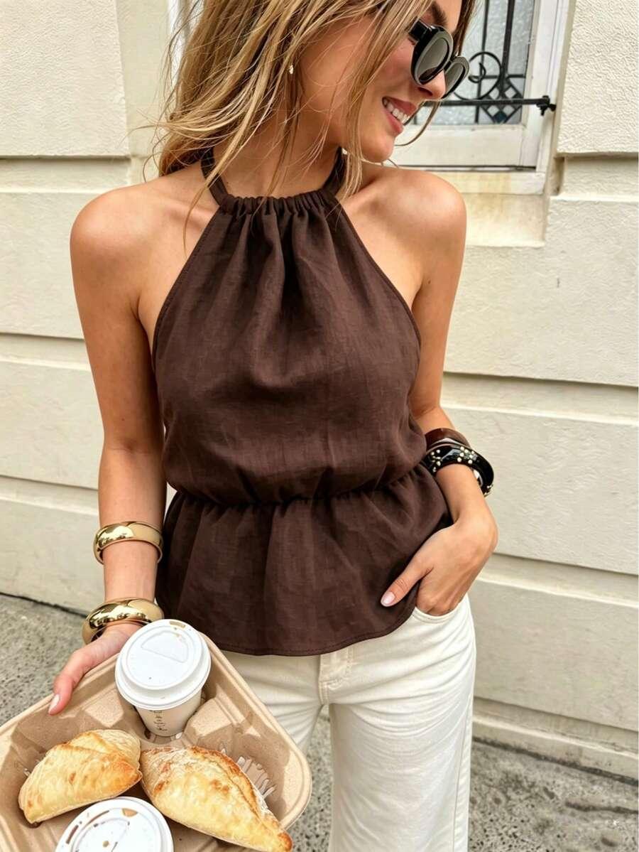 SHEIN BRĄZOWY TOP WIĄZANIE S06__S