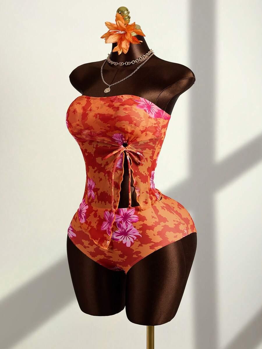 SHEIN DWUCZĘŚCIOWY KOSTIUM KĄPIELOWY SIATECZKA KWIATY S09__XL