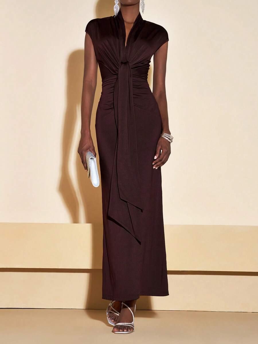 SHEIN BRĄZOWA MAXI SUKIENKA S06__L