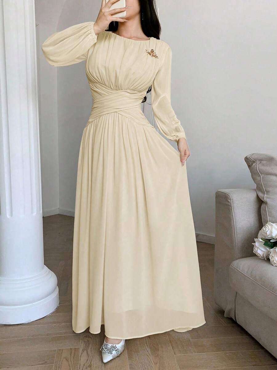 SHEIN BEŻOWA SUKIENKA Z DŁUGIM RĘKAWEM S09__L