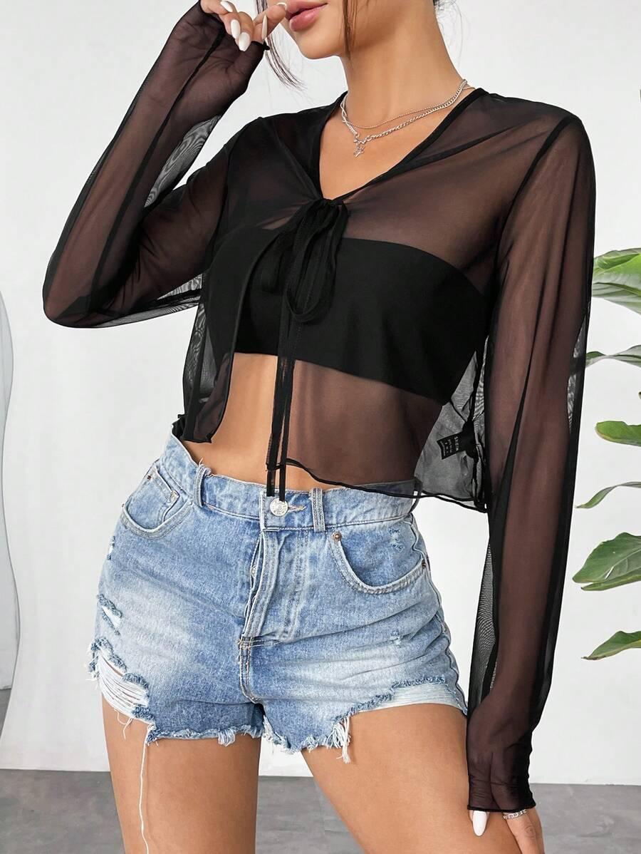 SHEIN CZARNA BLUZKA WIĄZANIE S06__XS