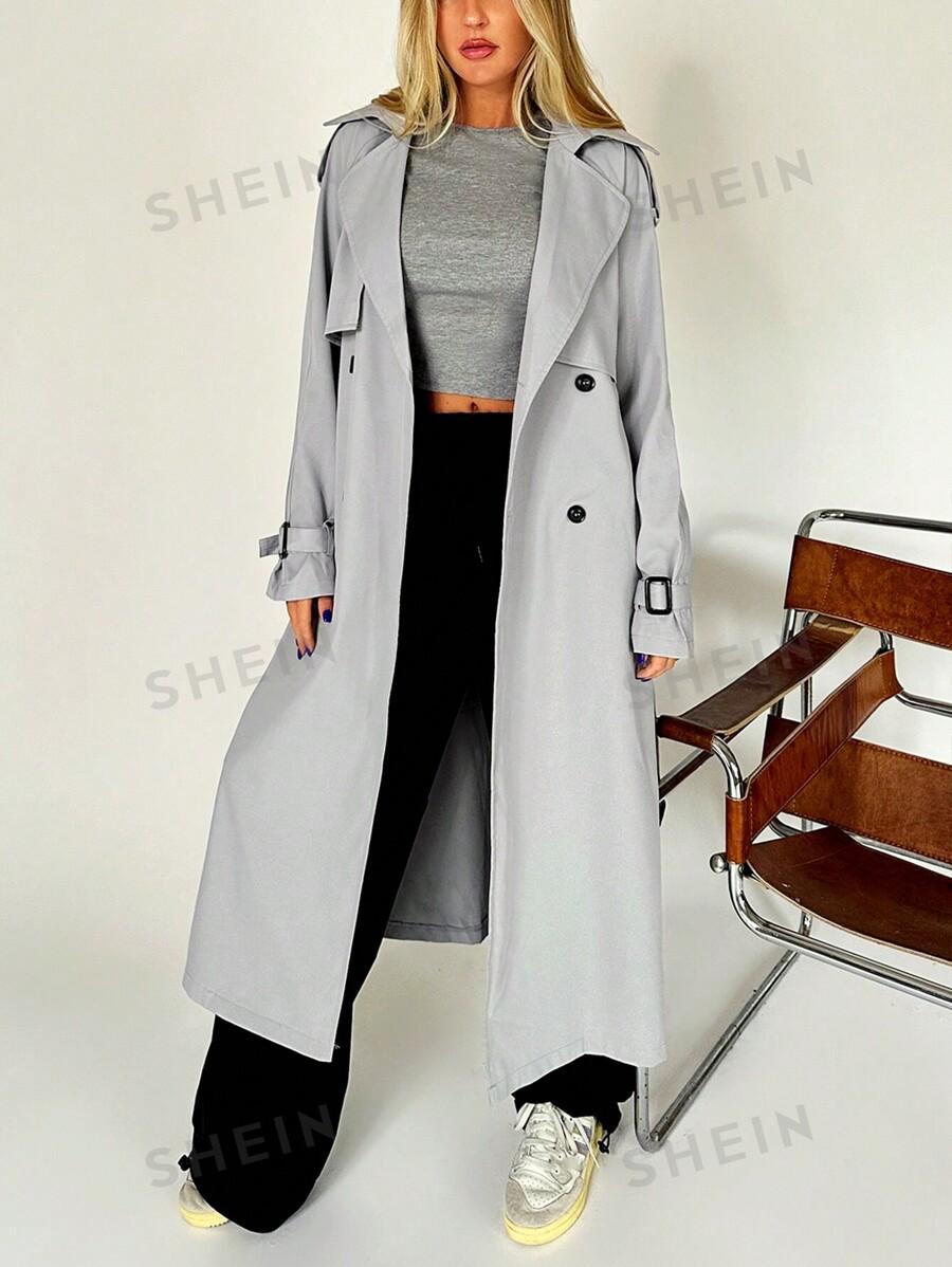 SHEIN SZARY DWURZĘDOWY DŁUGI PŁASZCZ W01__M