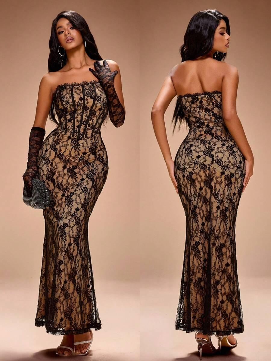 SHEIN CZARNA MAXI SUKIENKA KORONKA S06__L