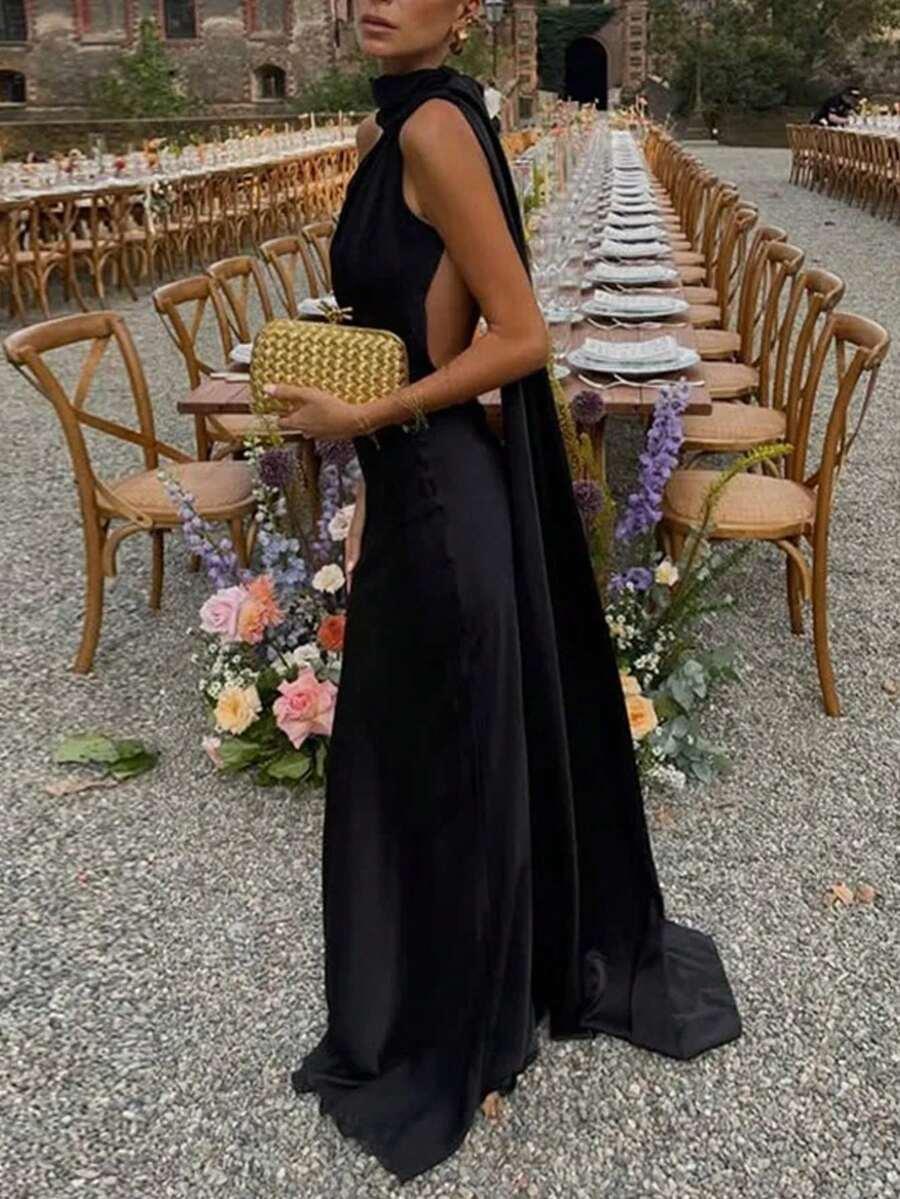 SHEIN CZARNA MAXI SUKIENKA ODKRYTE PLECY S06__L