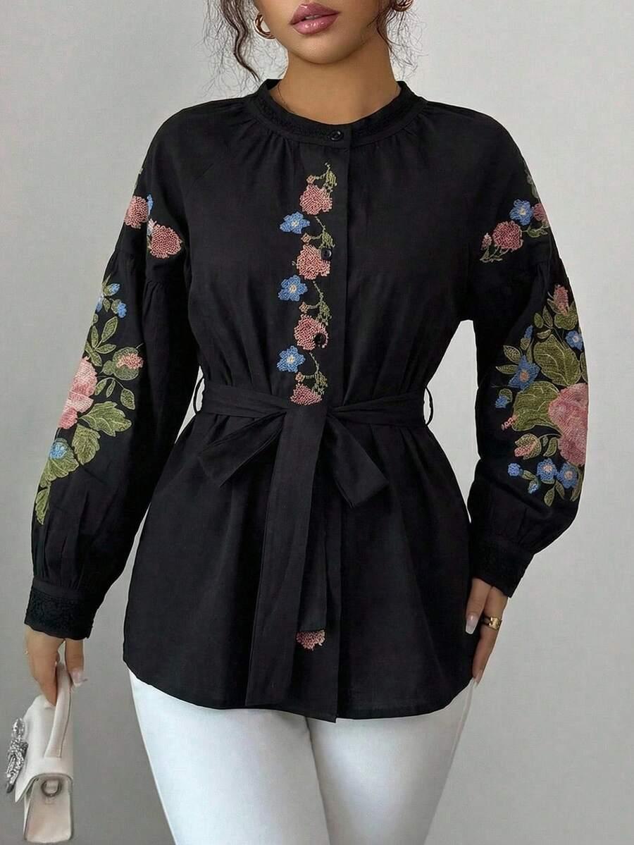 SHEIN CZARNA KOSZULA HAFT PASEK S06__S