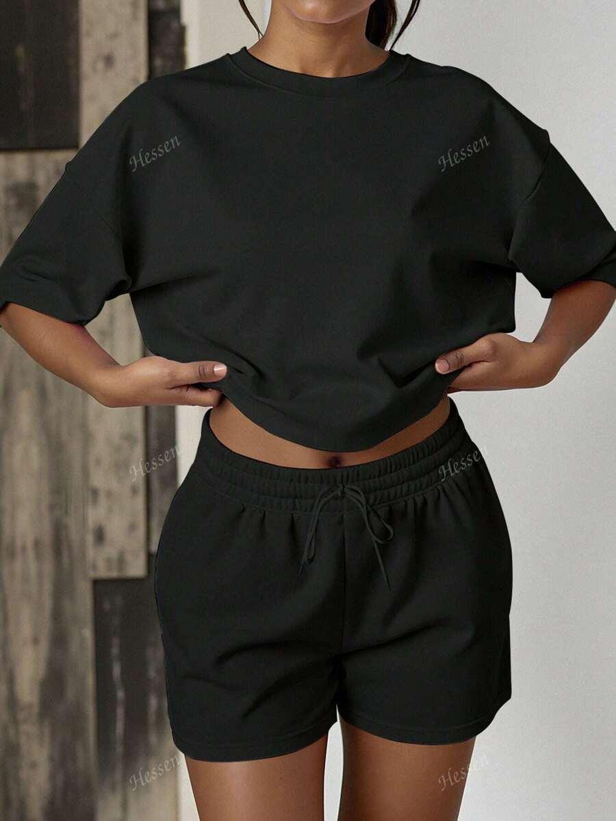 SHEIN CZARNY KOMPLET T-SHIRT OVERSIZE SPODENKI PK01__L