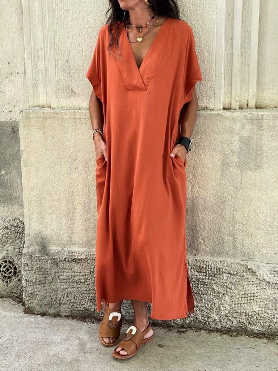 SHEIN POMARAŃCZOWA MAXI SUKIENKA ROZCIĘCIA KIESZENIE S06__52