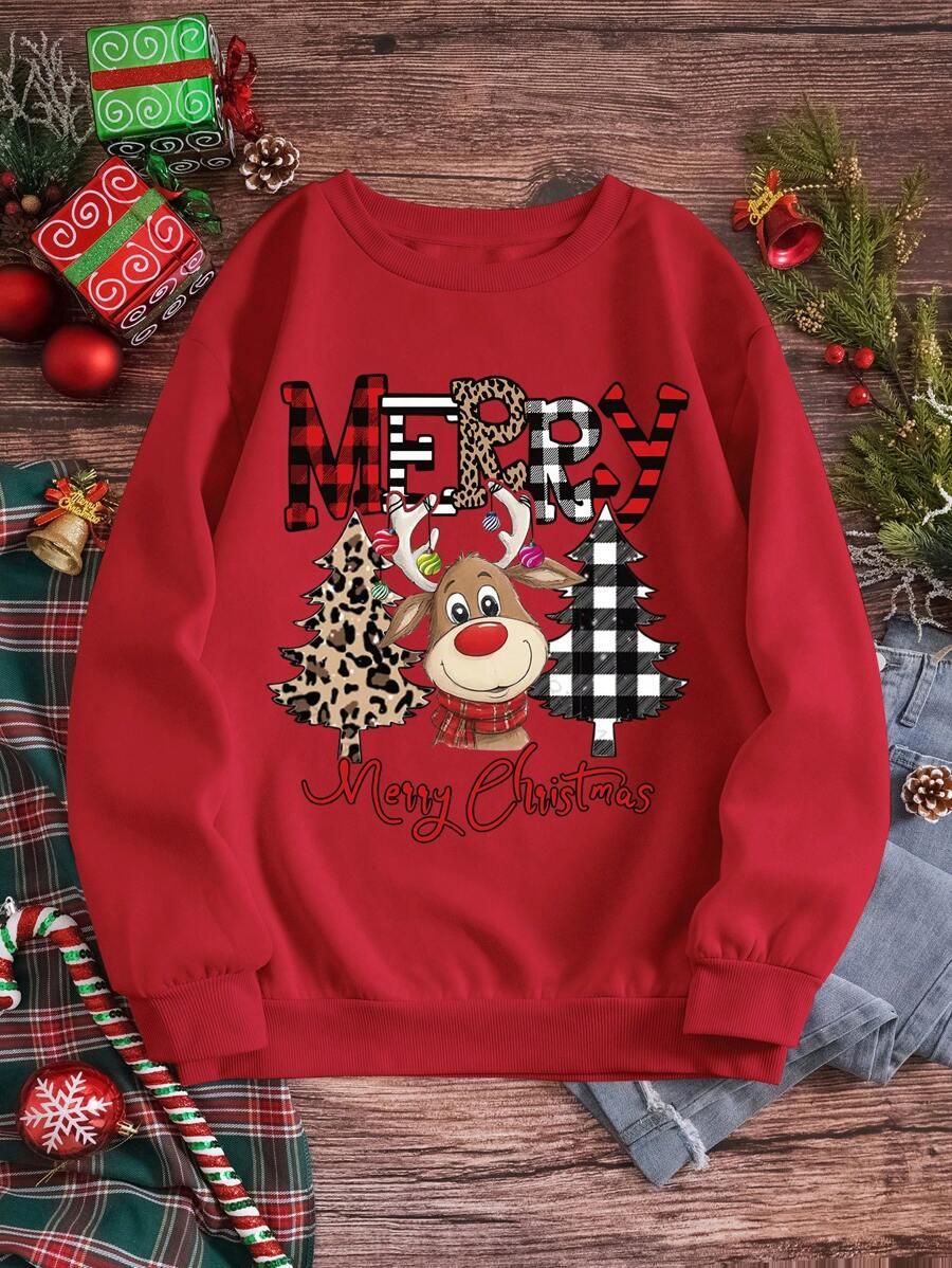 SHEIN CZERWONA BLUZA ŚWIĄTECZNY NADRUK BDD__XS