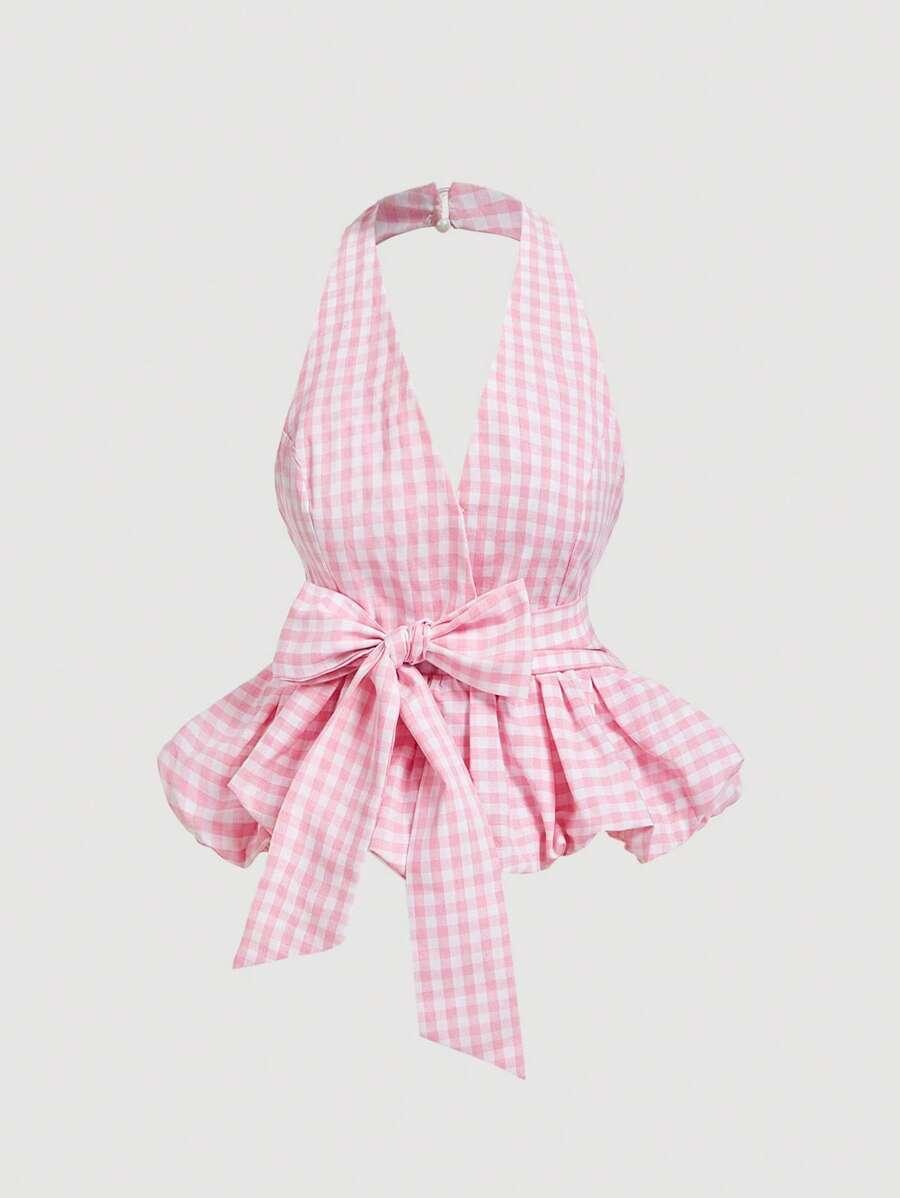 SHEIN RÓŻOWY TOP PRINT KRATKA S06__S