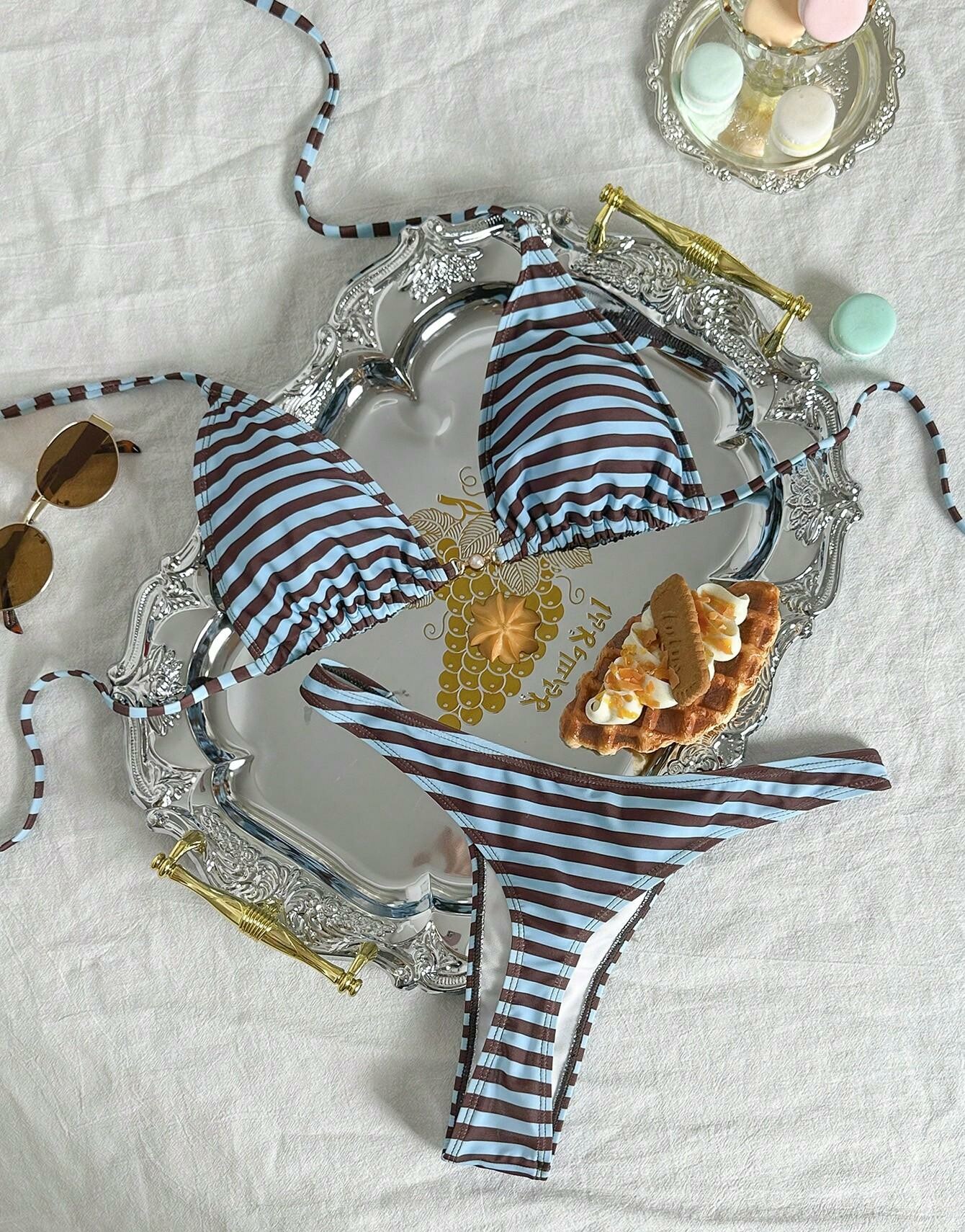 SHEIN KOMPLET BIKINI WZÓR PASKI ZDOBIENIE S09__XXS
