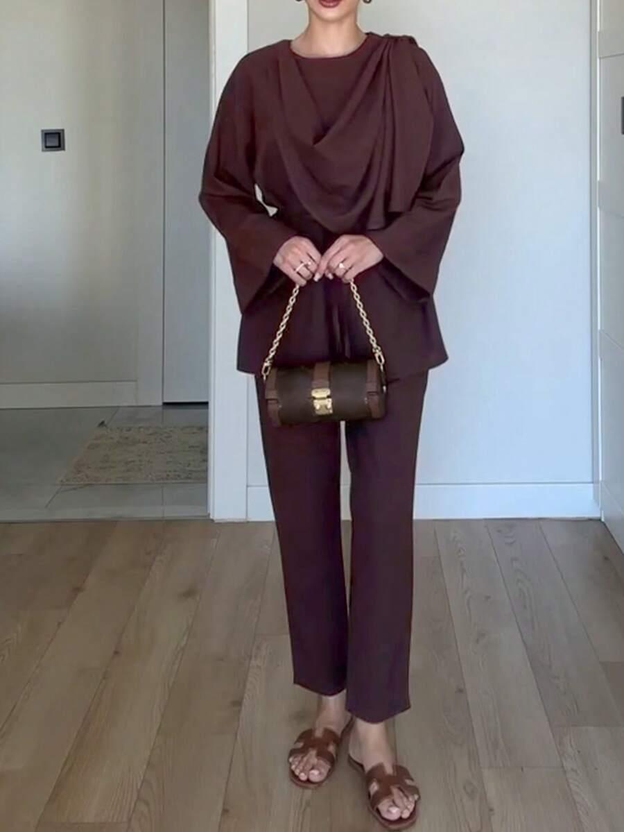 SHEIN BRĄZOWY KOMPLET SPODNIE BLUZKA S06__M