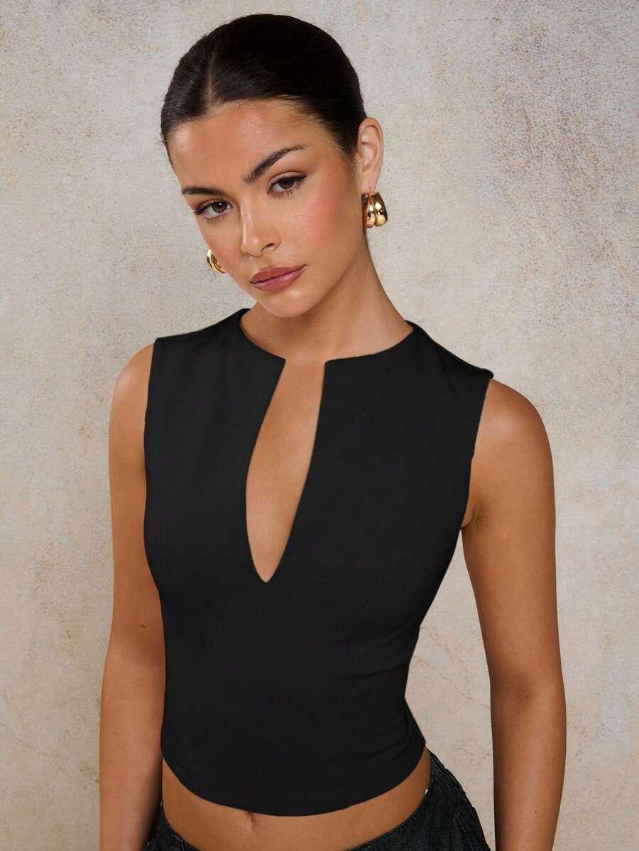SHEIN CZARNY TOP GŁĘBOKI DEKOLT S06__XS