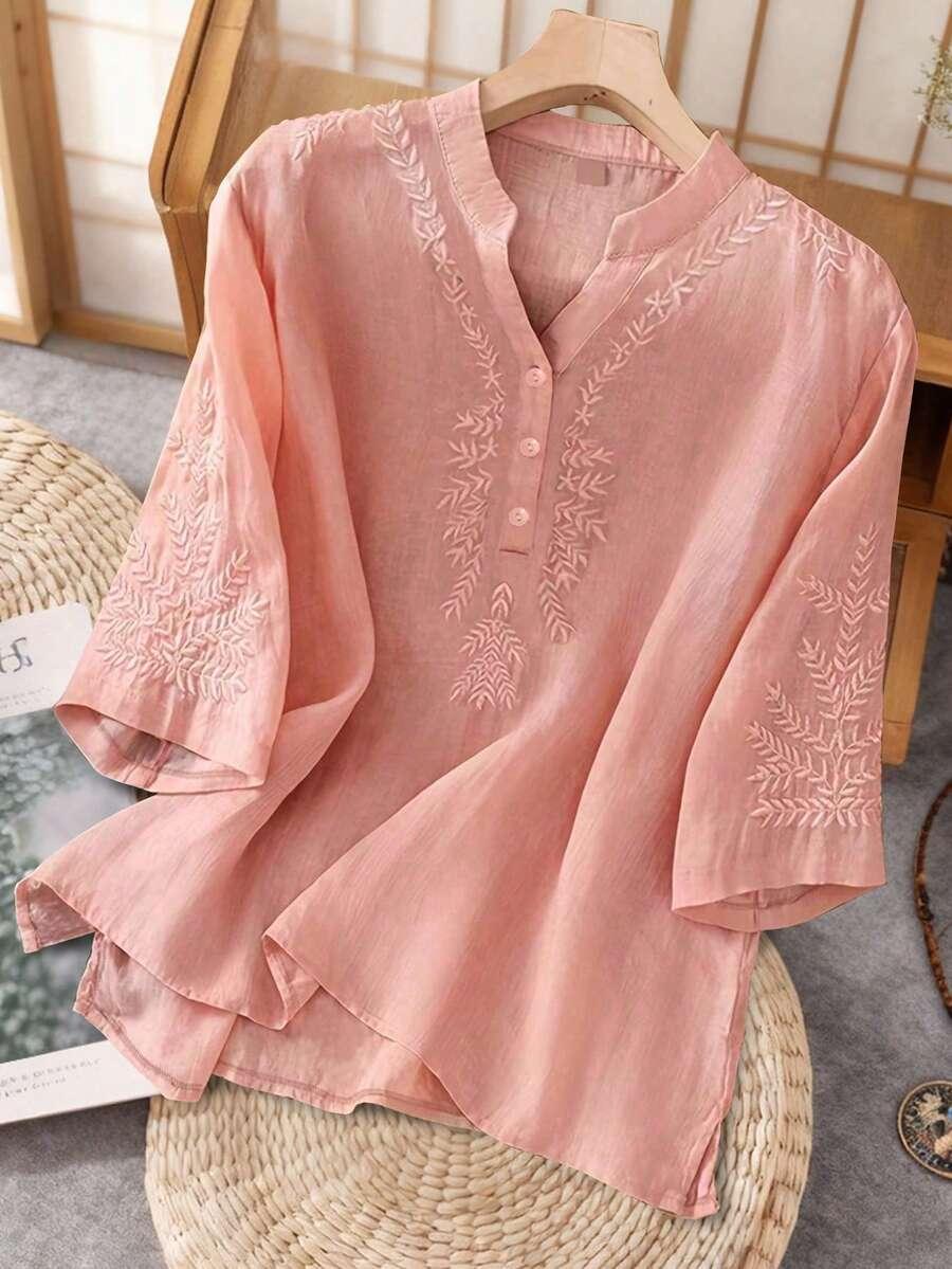 SHEIN RÓŻOWA BLUZKA HAFT RĘKAW 3/4 PK01__S