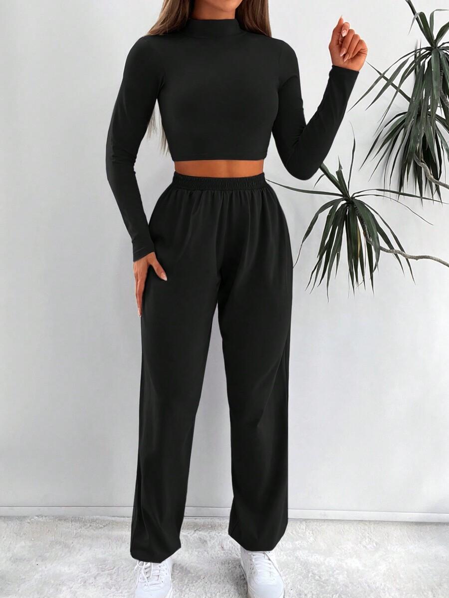 SHEIN CZARNY KOMPLET TOP SPODNIE S06__M