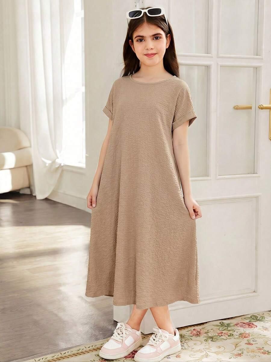 SHEIN BRĄZOWA SUKIENKA Z KRÓTKIM RĘKAWEM S06__140-146