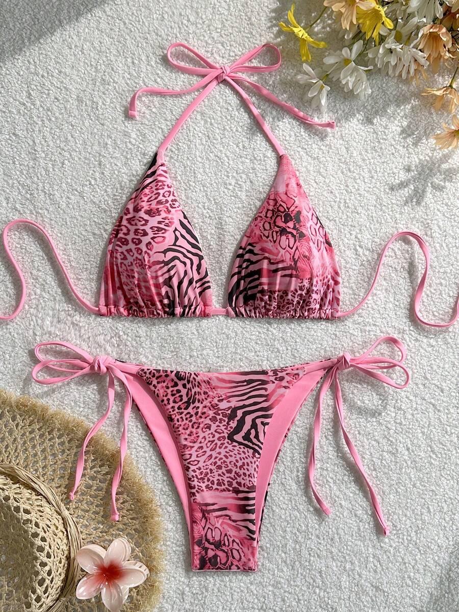 SHEIN RÓŻOWY STRÓJ KĄPIELOWY DWUCZĘŚCIOWY PRINT ZWIERZĘCY S09__S